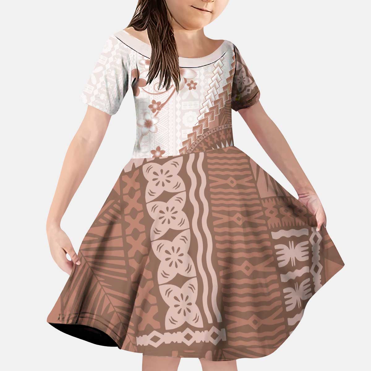 Bula Fiji Kid Short Sleeve Dress Brown Plumeria Masi Tapa Pattern - Polynesian Pride