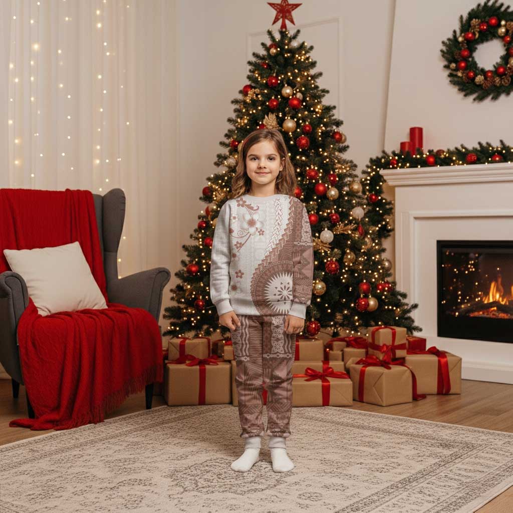 Bula Fiji Christmas Pajama Set Brown Plumeria Masi Tapa Pattern - Polynesian Pride