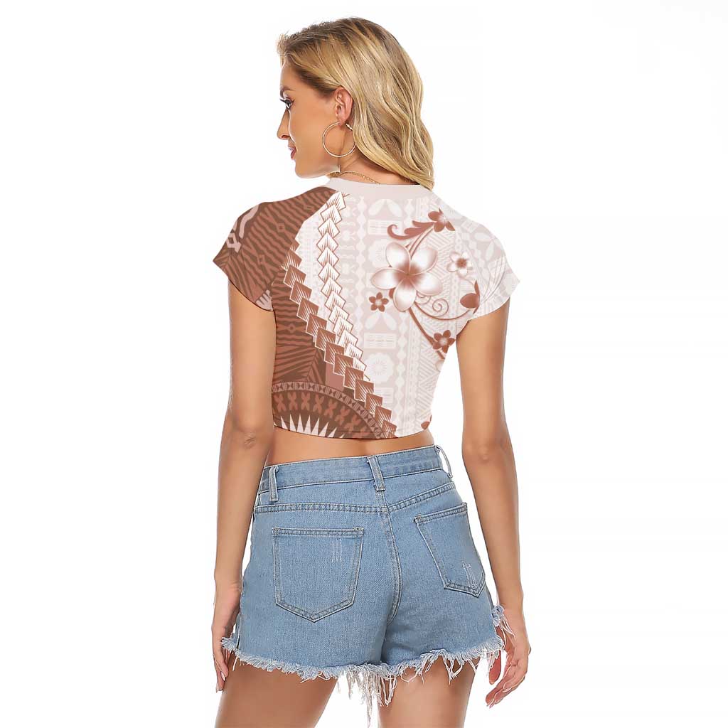 Bula Fiji Raglan Cropped T Shirt Brown Plumeria Masi Tapa Pattern - Polynesian Pride