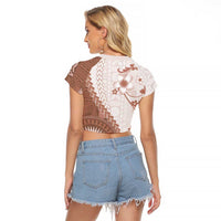 Bula Fiji Raglan Cropped T Shirt Brown Plumeria Masi Tapa Pattern - Polynesian Pride