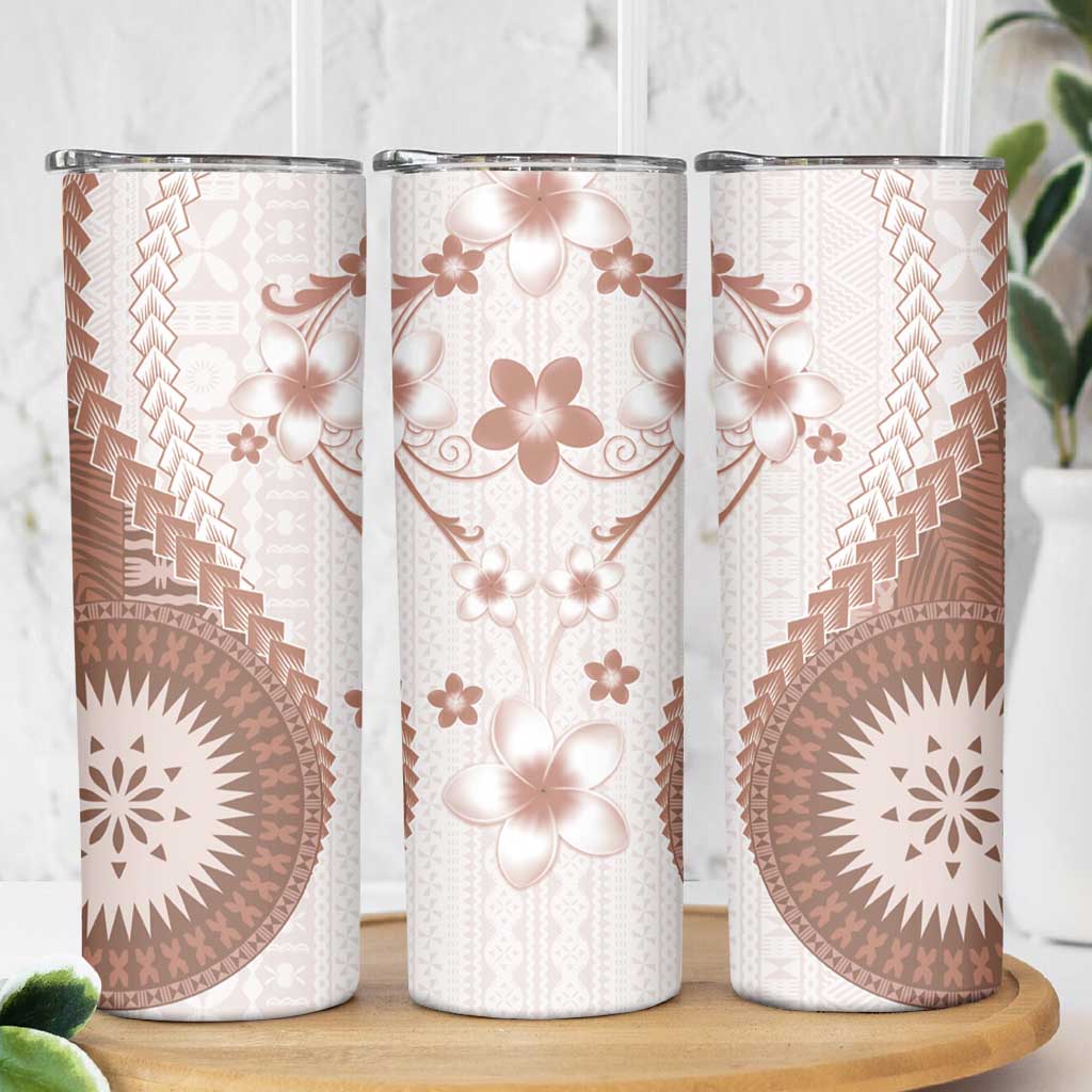 Bula Fiji Skinny Tumbler Brown Plumeria Masi Tapa Pattern - Polynesian Pride