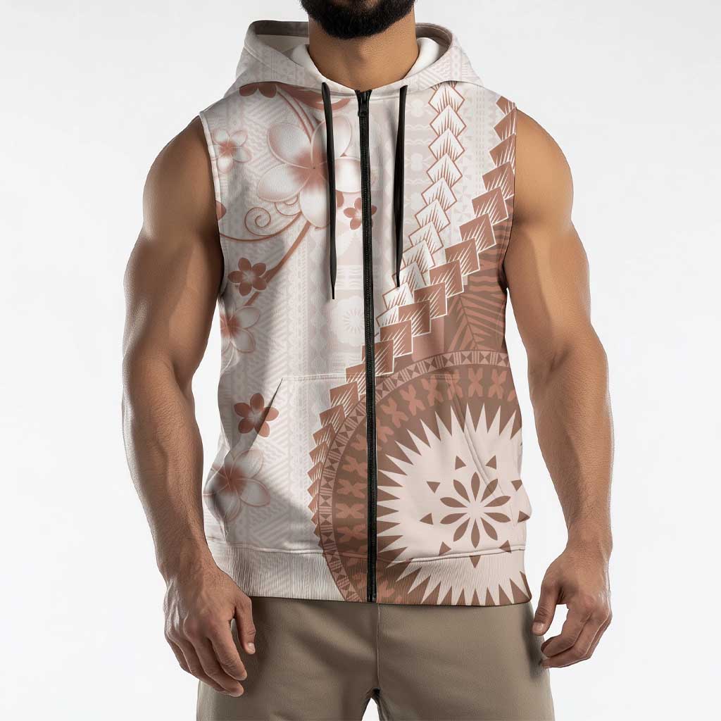 Bula Fiji Sleeveless Zip Hoodie Brown Plumeria Masi Tapa Pattern - Polynesian Pride