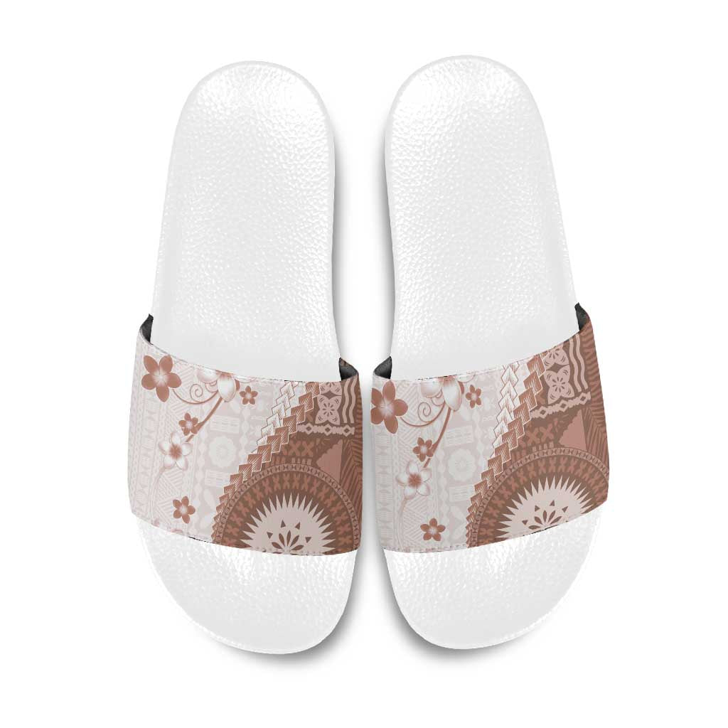 Bula Fiji Slide Sandals Brown Plumeria Masi Tapa Pattern - Polynesian Pride