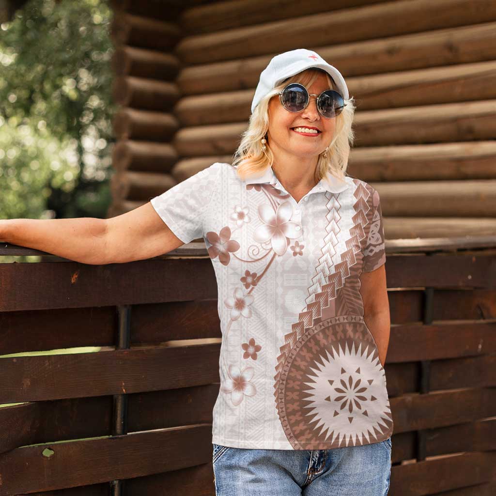 Bula Fiji Women Polo Shirt Brown Plumeria Masi Tapa Pattern LT05 - Polynesian Pride
