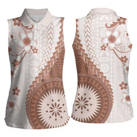 Bula Fiji Women Sleeveless Polo Shirt Brown Plumeria Masi Tapa Pattern - Polynesian Pride