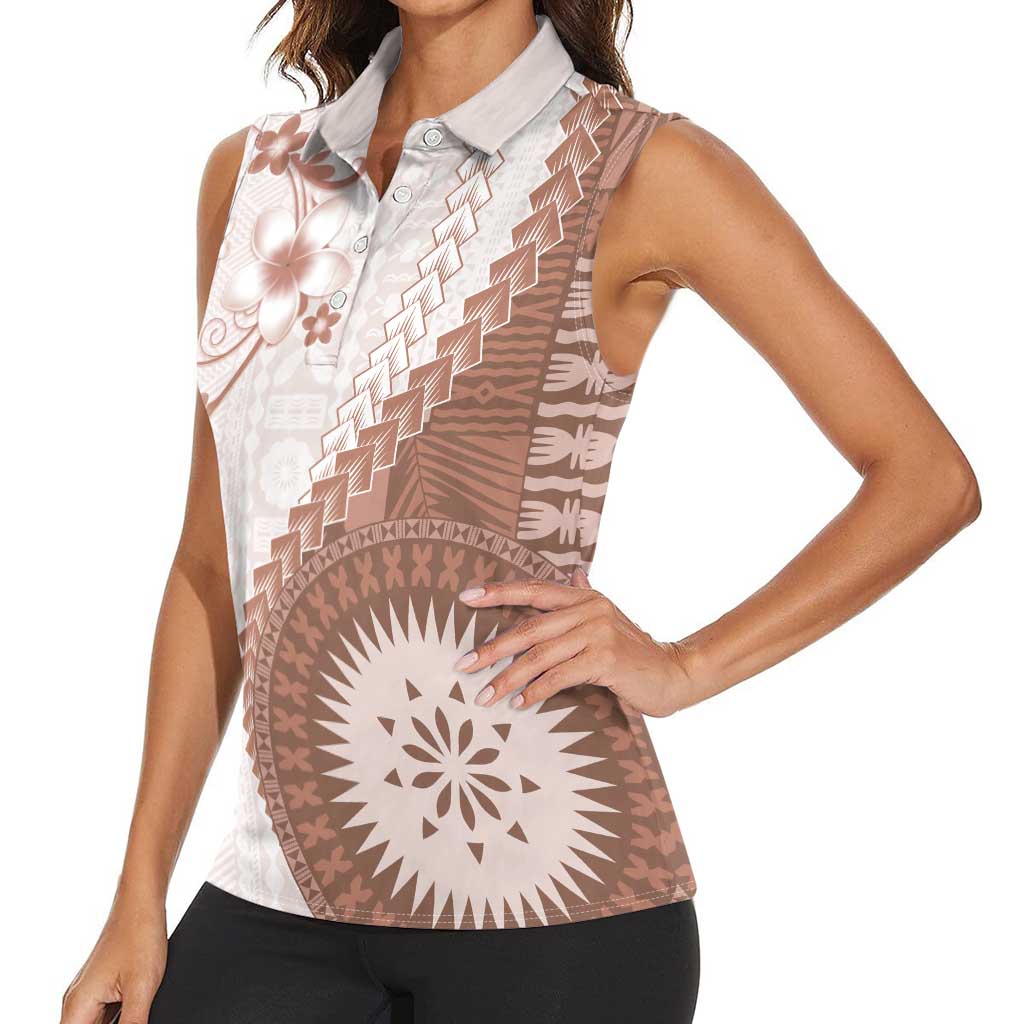 Bula Fiji Women Sleeveless Polo Shirt Brown Plumeria Masi Tapa Pattern - Polynesian Pride