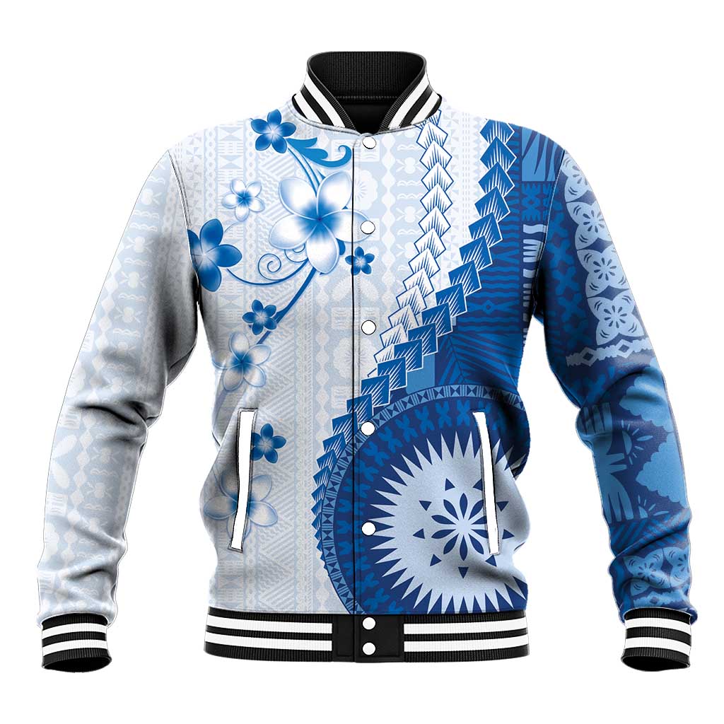 Bula Fiji Baseball Jacket Blue Plumeria Masi Tapa Pattern - Polynesian Pride
