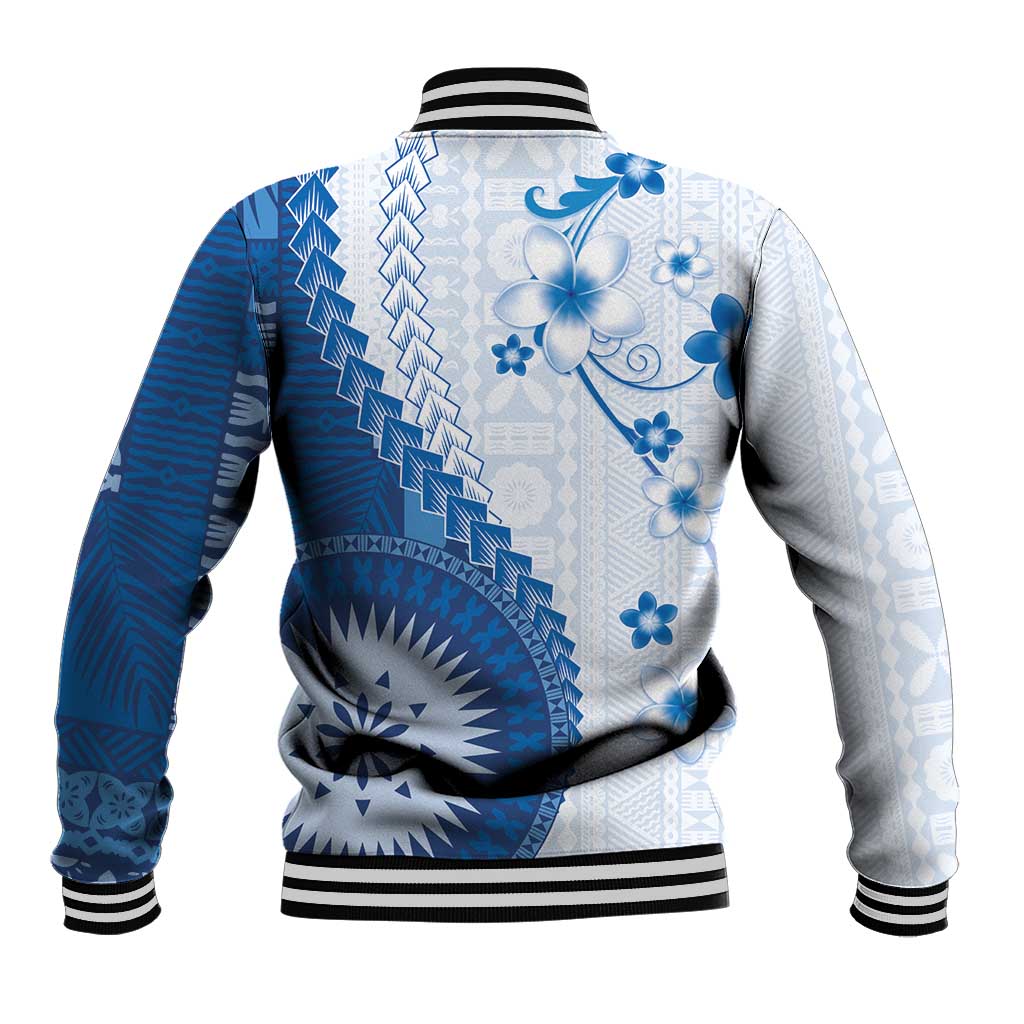 Bula Fiji Baseball Jacket Blue Plumeria Masi Tapa Pattern - Polynesian Pride