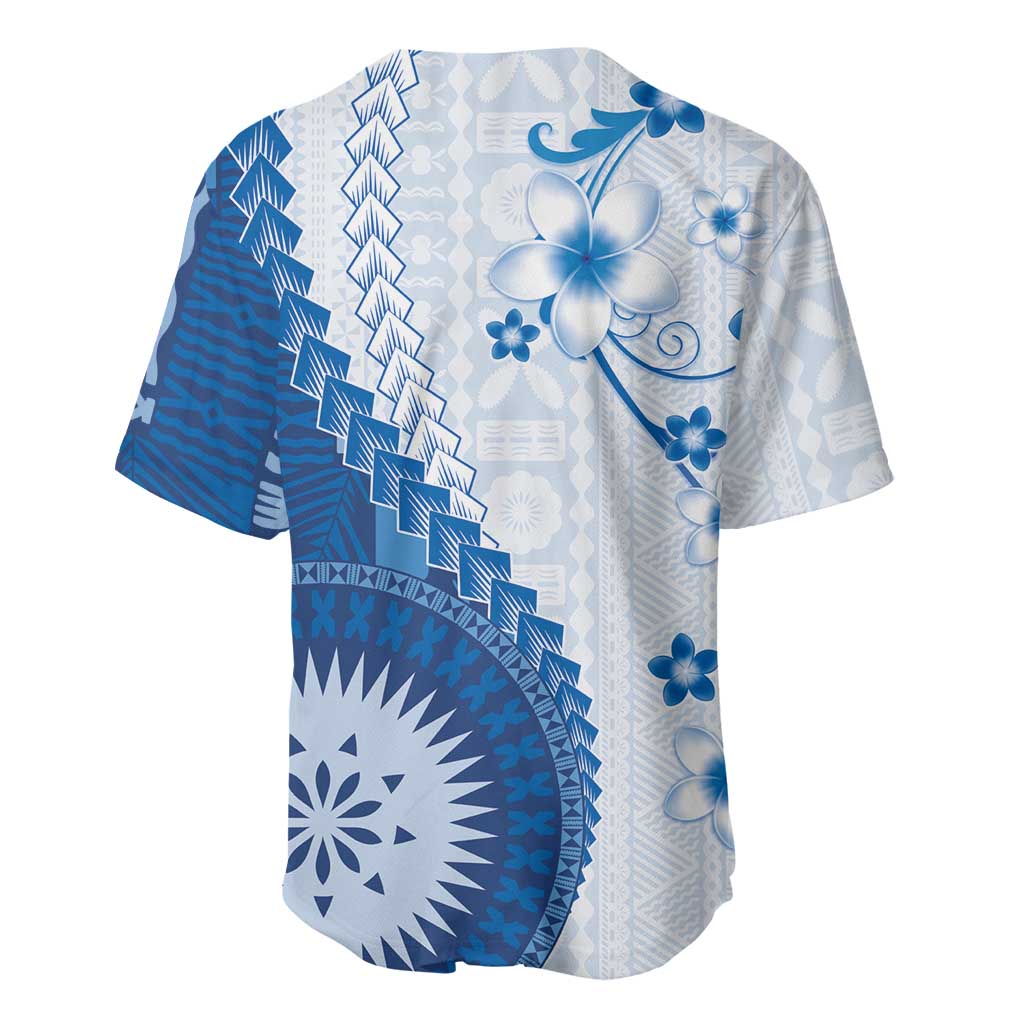 Bula Fiji Baseball Jersey Blue Plumeria Masi Tapa Pattern - Polynesian Pride