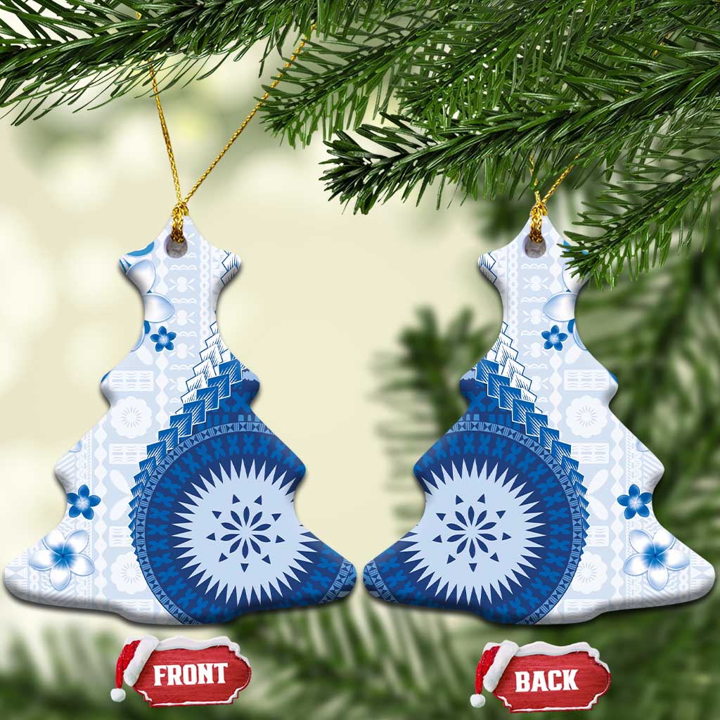 Bula Fiji Ceramic Ornament Blue Plumeria Masi Tapa Pattern - Polynesian Pride
