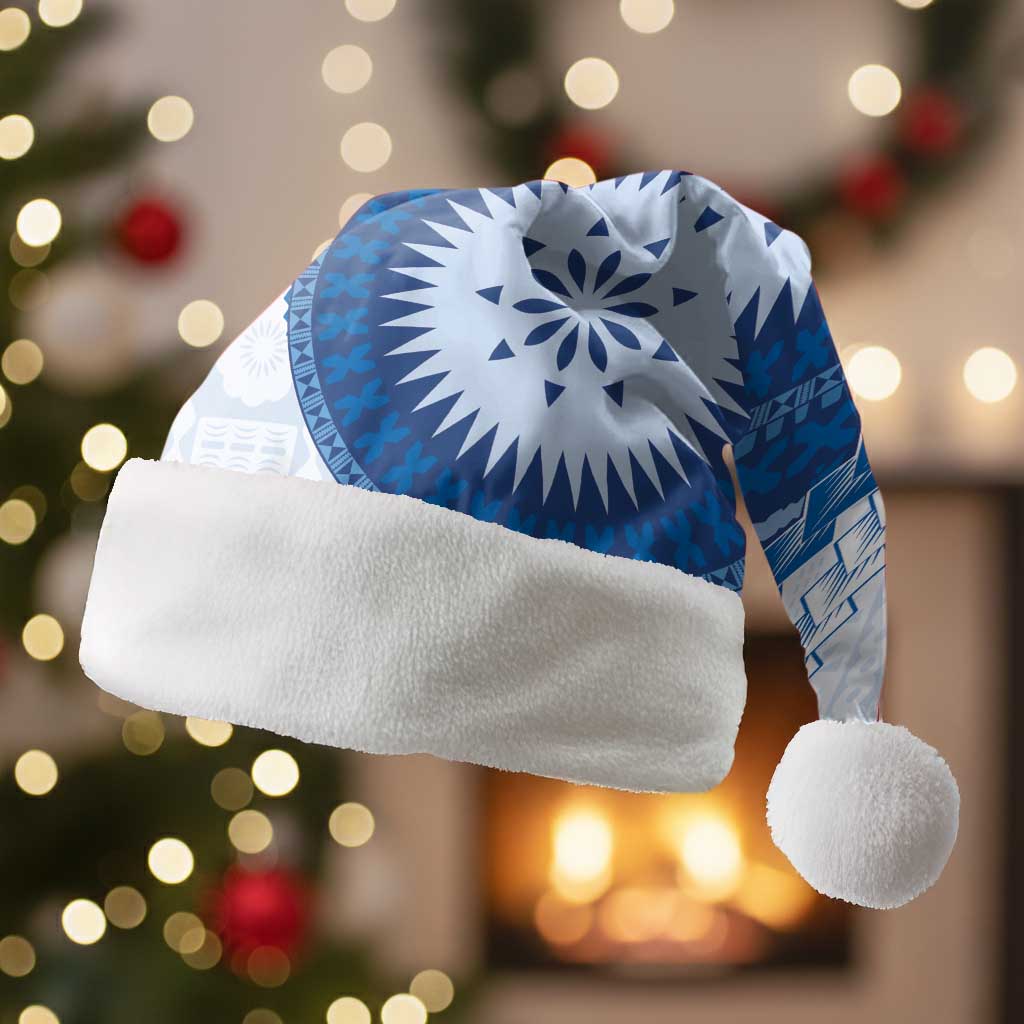 Bula Fiji Christmas Santa Hat Blue Plumeria Masi Tapa Pattern - Polynesian Pride