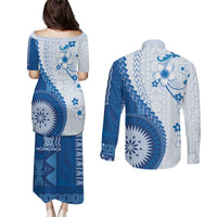 Bula Fiji Couples Matching Puletasi and Long Sleeve Button Shirt Blue Plumeria Masi Tapa Pattern - Polynesian Pride