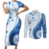 Bula Fiji Couples Matching Short Sleeve Bodycon Dress and Long Sleeve Button Shirt Blue Plumeria Masi Tapa Pattern - Polynesian Pride