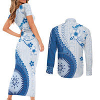Bula Fiji Couples Matching Short Sleeve Bodycon Dress and Long Sleeve Button Shirt Blue Plumeria Masi Tapa Pattern - Polynesian Pride