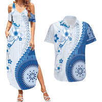 Bula Fiji Couples Matching Summer Maxi Dress and Hawaiian Shirt Blue Plumeria Masi Tapa Pattern - Polynesian Pride