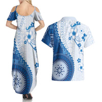 Bula Fiji Couples Matching Summer Maxi Dress and Hawaiian Shirt Blue Plumeria Masi Tapa Pattern - Polynesian Pride