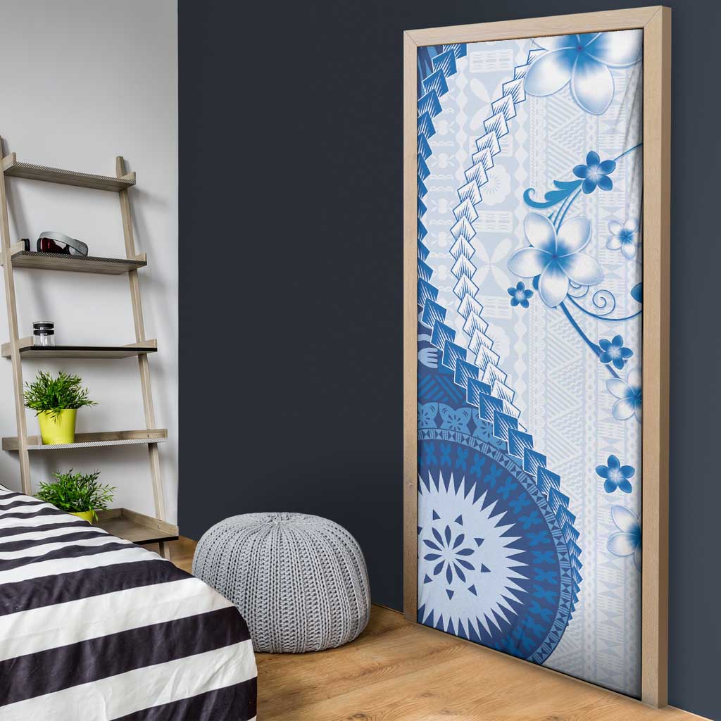 Bula Fiji Door Cover Blue Plumeria Masi Tapa Pattern - Polynesian Pride
