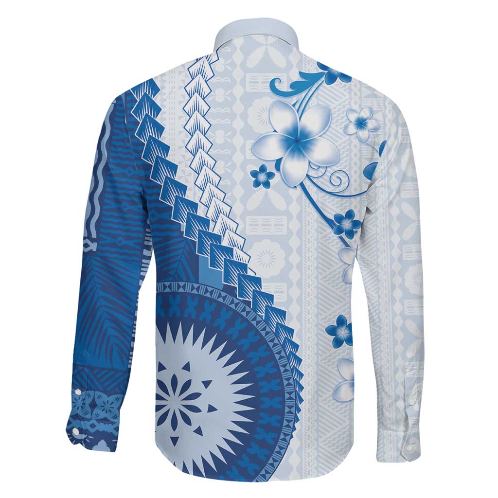 Bula Fiji Family Matching Long Sleeve Bodycon Dress and Hawaiian Shirt Blue Plumeria Masi Tapa Pattern LT05 - Polynesian Pride