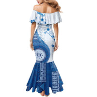 Bula Fiji Family Matching Mermaid Dress and Hawaiian Shirt Blue Plumeria Masi Tapa Pattern LT05 - Polynesian Pride
