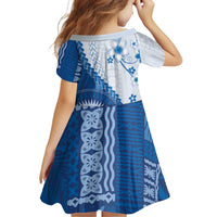 Bula Fiji Family Matching Off The Shoulder Long Sleeve Dress and Hawaiian Shirt Blue Plumeria Masi Tapa Pattern LT05 - Polynesian Pride