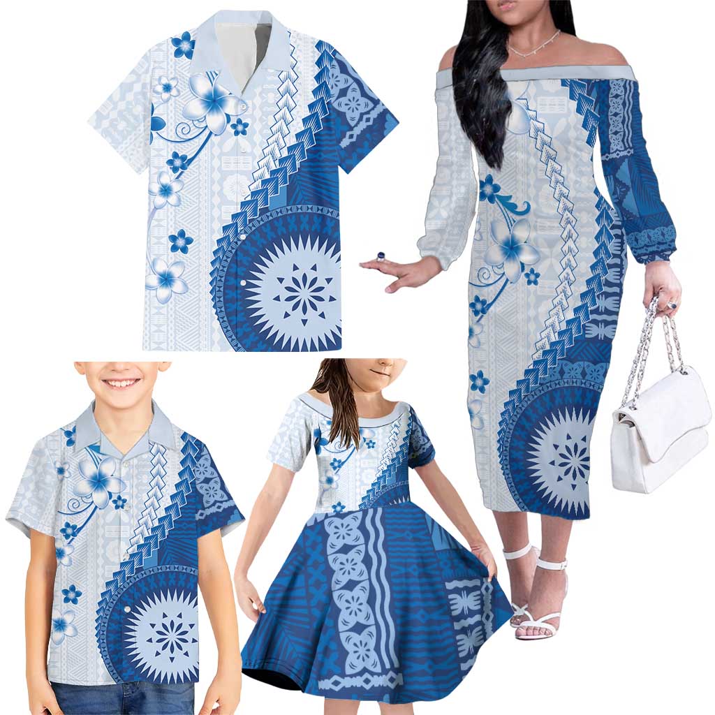 Bula Fiji Family Matching Off The Shoulder Long Sleeve Dress and Hawaiian Shirt Blue Plumeria Masi Tapa Pattern LT05 - Polynesian Pride