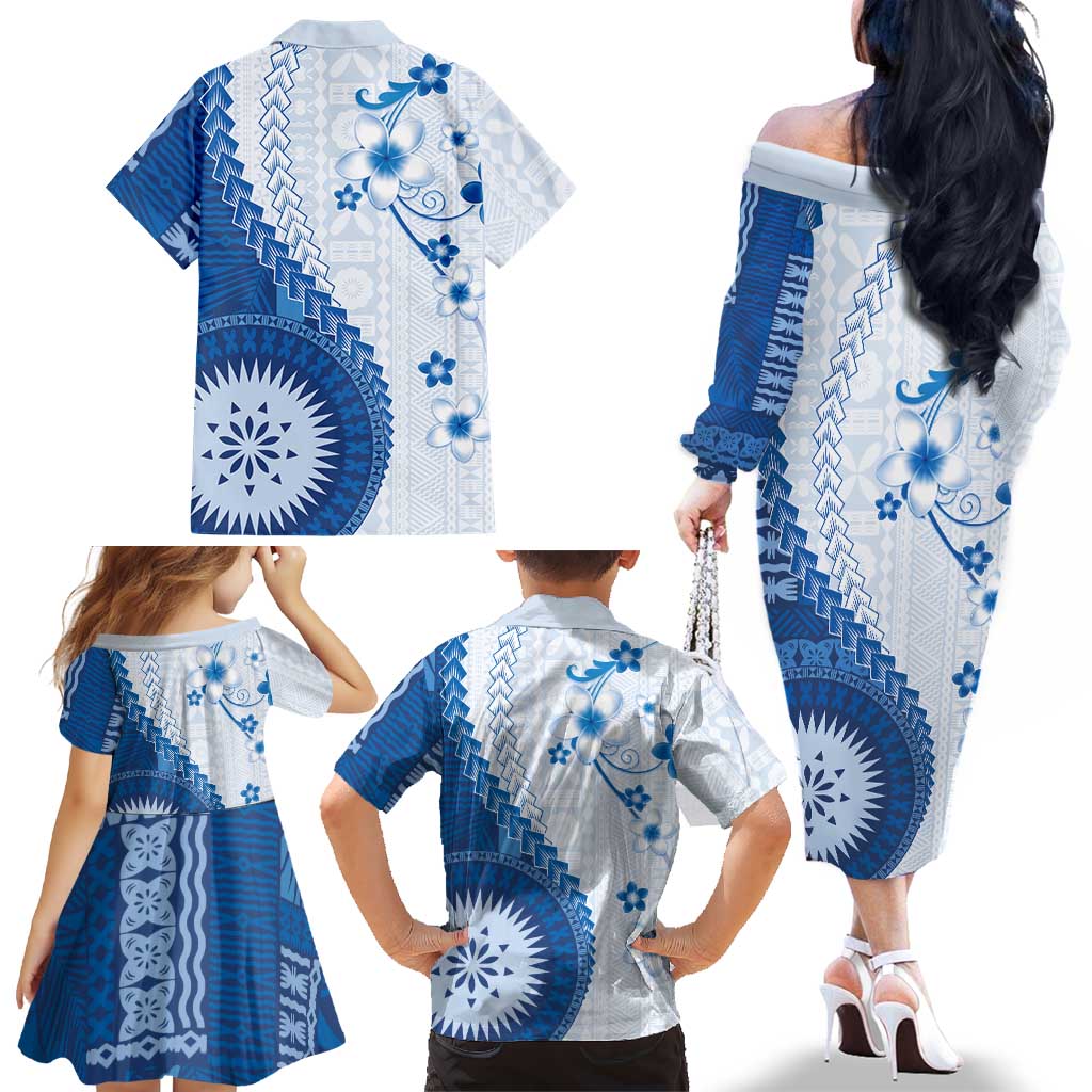 Bula Fiji Family Matching Off The Shoulder Long Sleeve Dress and Hawaiian Shirt Blue Plumeria Masi Tapa Pattern LT05 - Polynesian Pride