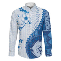 Bula Fiji Family Matching Off Shoulder Maxi Dress and Hawaiian Shirt Blue Plumeria Masi Tapa Pattern - Polynesian Pride