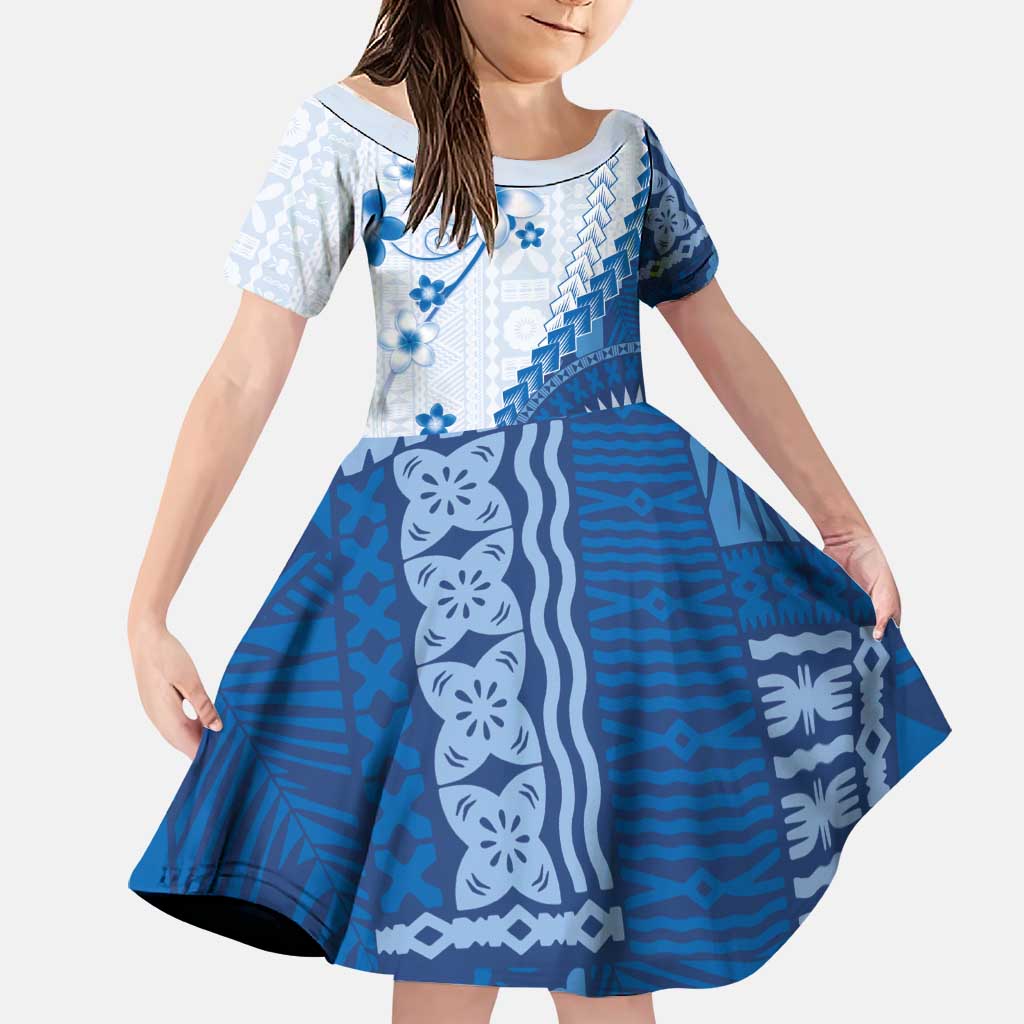 Bula Fiji Family Matching Off Shoulder Short Dress and Hawaiian Shirt Blue Plumeria Masi Tapa Pattern LT05 Daughter's Dress Blue - Polynesian Pride