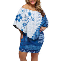 Bula Fiji Family Matching Off Shoulder Short Dress and Hawaiian Shirt Blue Plumeria Masi Tapa Pattern LT05 Mom's Dress Blue - Polynesian Pride