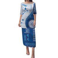 Bula Fiji Family Matching Puletasi and Hawaiian Shirt Blue Plumeria Masi Tapa Pattern - Polynesian Pride