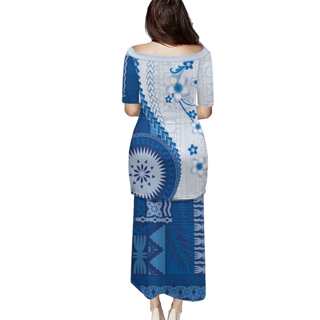 Bula Fiji Family Matching Puletasi and Hawaiian Shirt Blue Plumeria Masi Tapa Pattern - Polynesian Pride