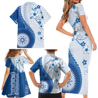 Bula Fiji Family Matching Short Sleeve Bodycon Dress and Hawaiian Shirt Blue Plumeria Masi Tapa Pattern LT05 - Polynesian Pride