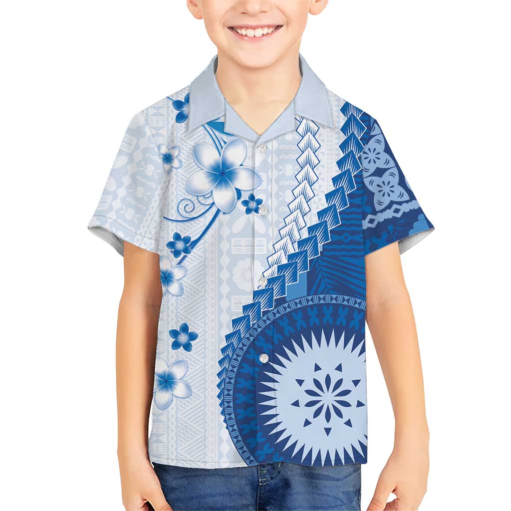 Bula Fiji Family Matching Short Sleeve Bodycon Dress and Hawaiian Shirt Blue Plumeria Masi Tapa Pattern LT05 Son's Shirt Blue - Polynesian Pride