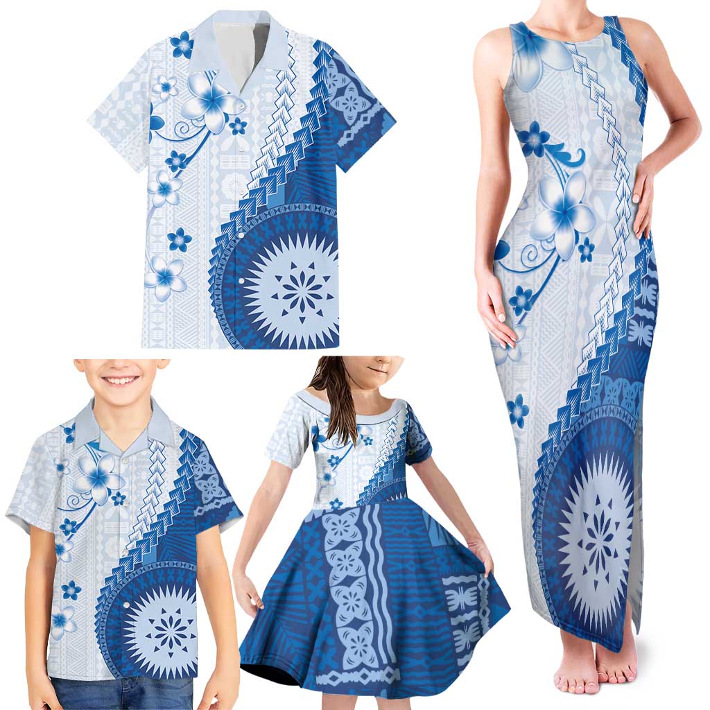 Bula Fiji Family Matching Tank Maxi Dress and Hawaiian Shirt Blue Plumeria Masi Tapa Pattern LT05 - Polynesian Pride
