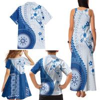 Bula Fiji Family Matching Tank Maxi Dress and Hawaiian Shirt Blue Plumeria Masi Tapa Pattern LT05 - Polynesian Pride