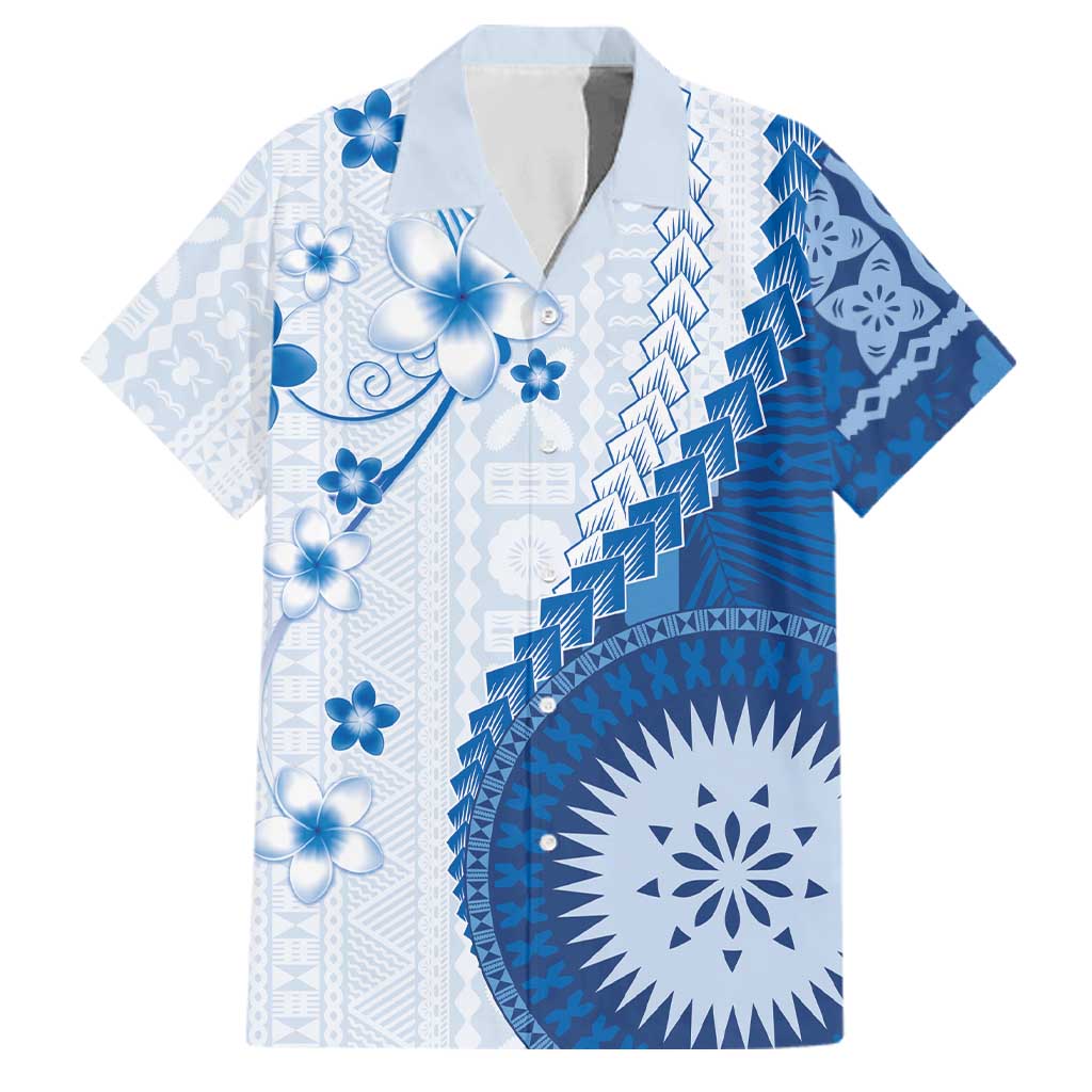Bula Fiji Family Matching Tank Maxi Dress and Hawaiian Shirt Blue Plumeria Masi Tapa Pattern LT05 Dad's Shirt - Short Sleeve Blue - Polynesian Pride