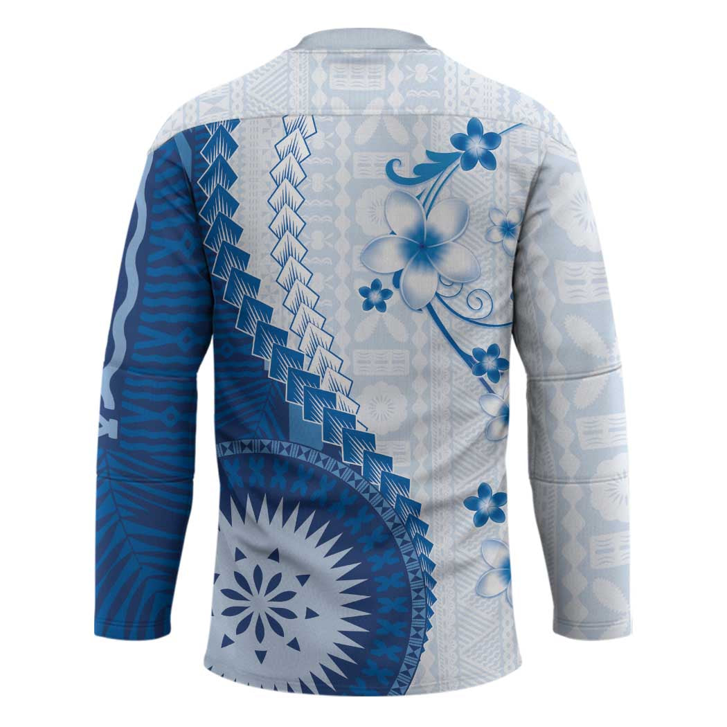 Bula Fiji Hockey Jersey Blue Plumeria Masi Tapa Pattern - Polynesian Pride