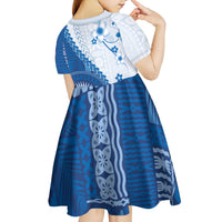 Bula Fiji Kid Short Sleeve Dress Blue Plumeria Masi Tapa Pattern - Polynesian Pride