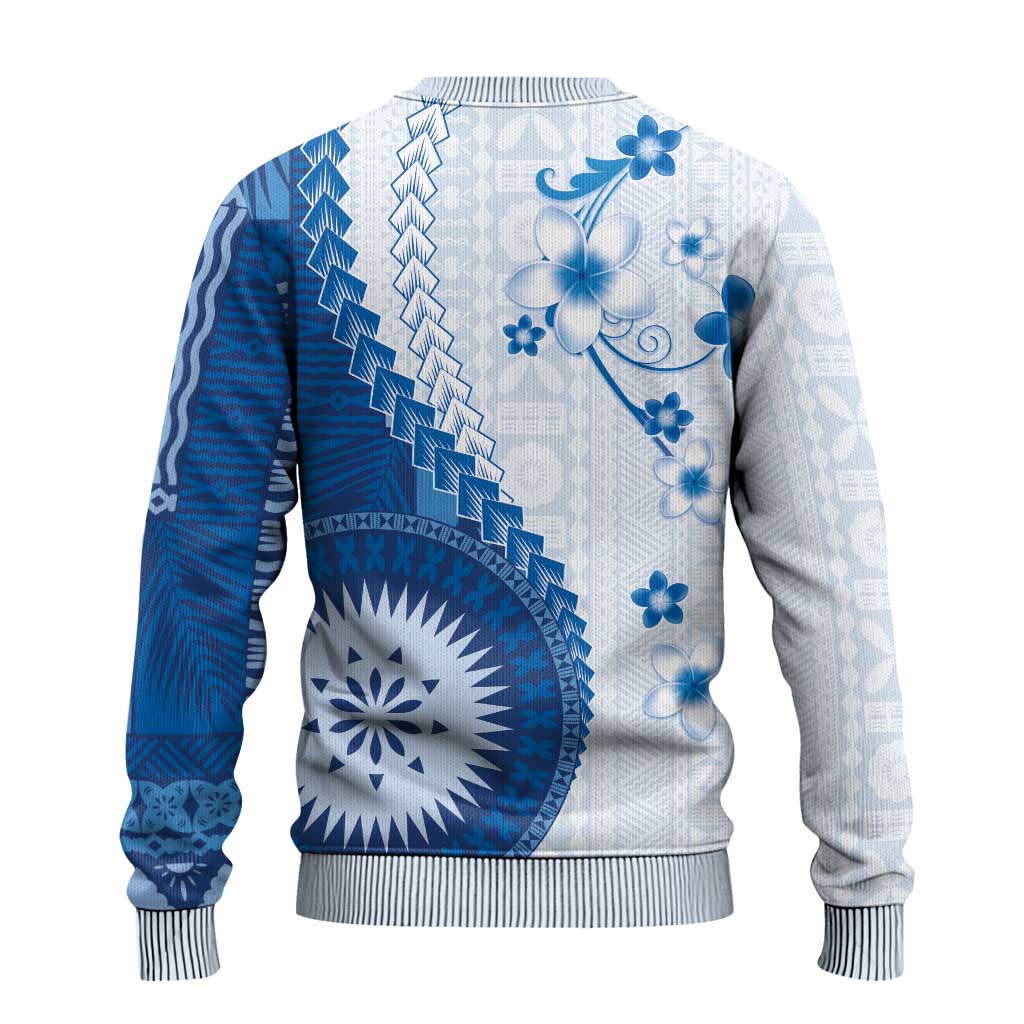 Bula Fiji Ugly Christmas Sweater Blue Plumeria Masi Tapa Pattern - Polynesian Pride