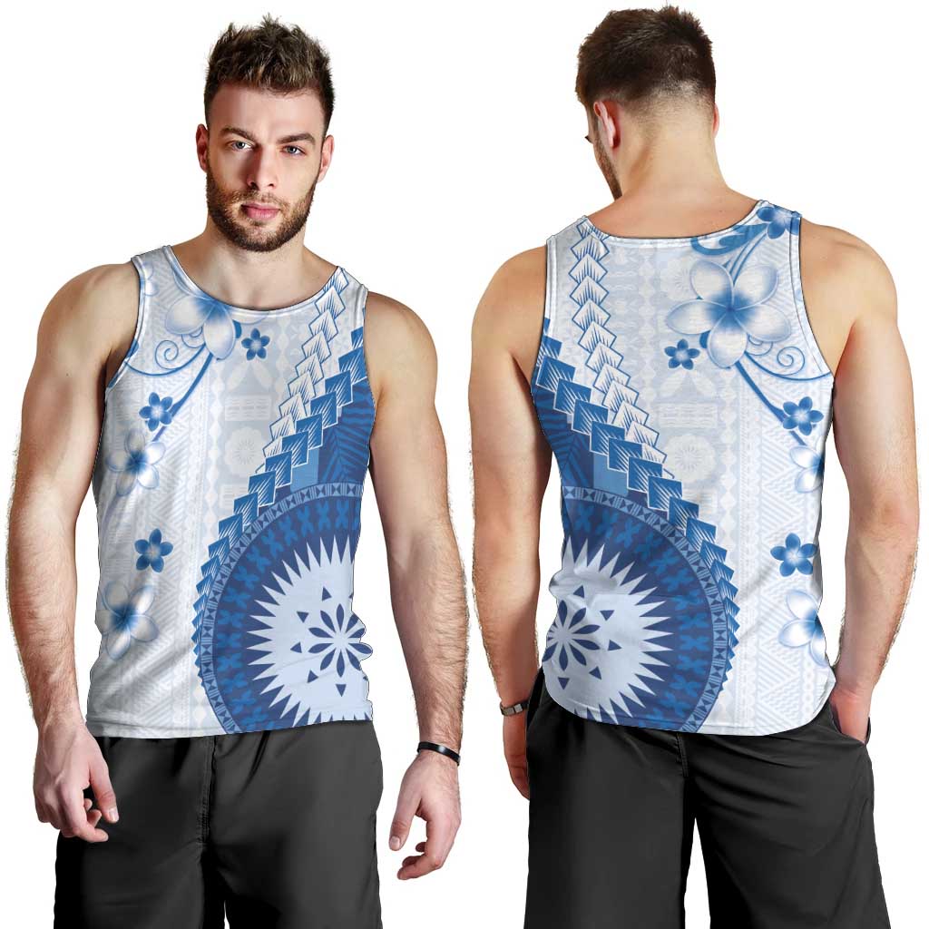 Bula Fiji Men Tank Top Blue Plumeria Masi Tapa Pattern - Polynesian Pride