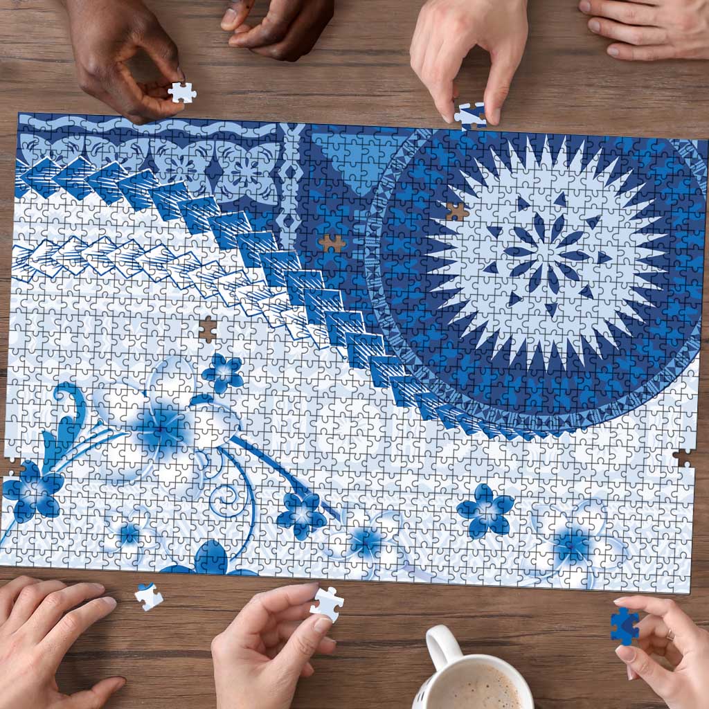 Bula Fiji Puzzle Blue Plumeria Masi Tapa Pattern - Polynesian Pride
