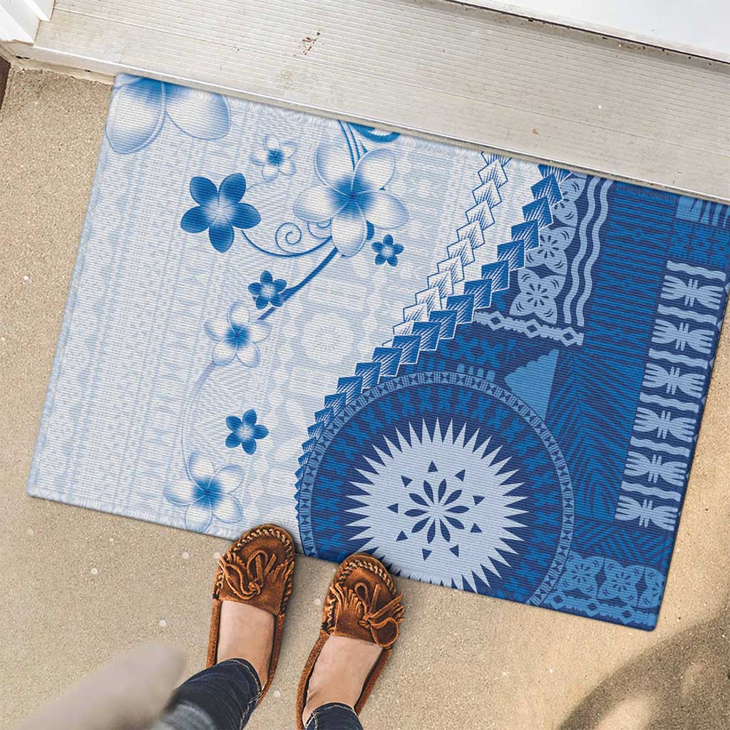 Bula Fiji Rubber Doormat Blue Plumeria Masi Tapa Pattern - Polynesian Pride