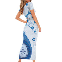Bula Fiji Short Sleeve Bodycon Dress Blue Plumeria Masi Tapa Pattern - Polynesian Pride