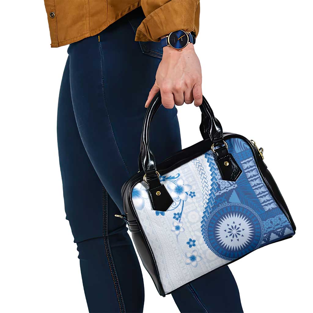 Bula Fiji Shoulder Handbag Blue Plumeria Masi Tapa Pattern - Polynesian Pride