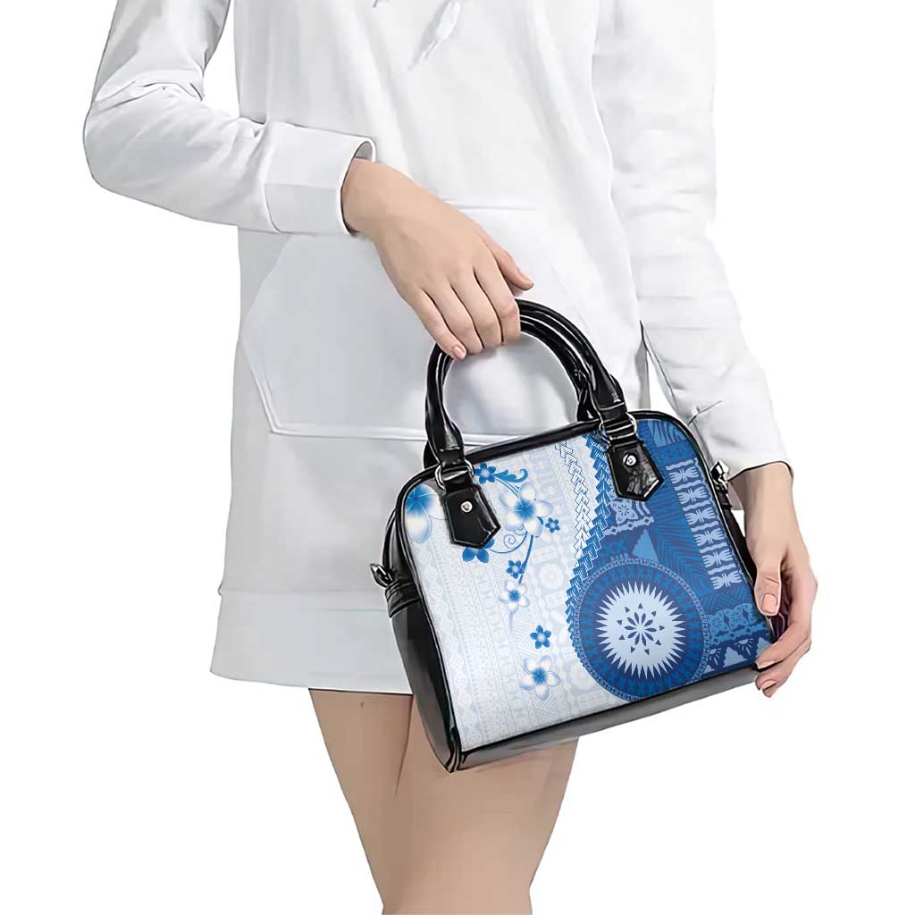Bula Fiji Shoulder Handbag Blue Plumeria Masi Tapa Pattern - Polynesian Pride