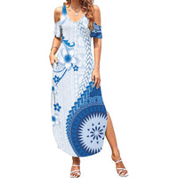 Bula Fiji Summer Maxi Dress Blue Plumeria Masi Tapa Pattern - Polynesian Pride