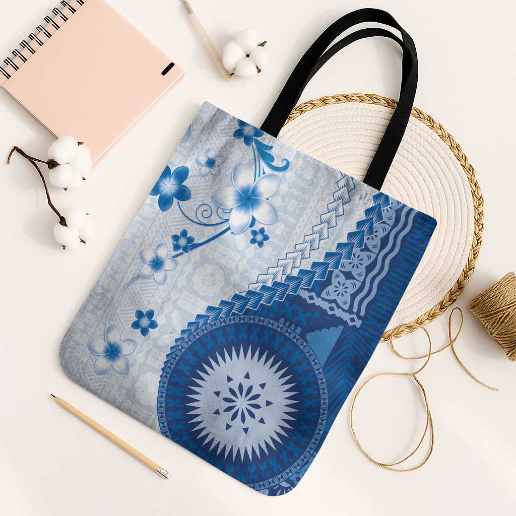 Bula Fiji Tote Bag Blue Plumeria Masi Tapa Pattern - Polynesian Pride
