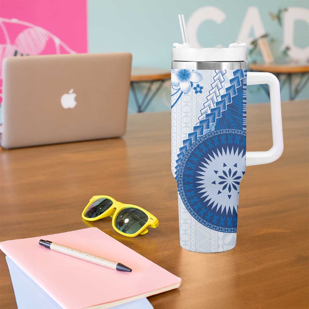 Bula Fiji Tumbler With Handle Blue Plumeria Masi Tapa Pattern - Polynesian Pride