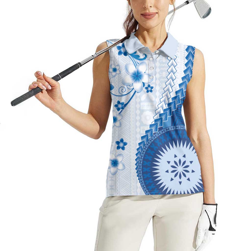 Bula Fiji Women Sleeveless Polo Shirt Blue Plumeria Masi Tapa Pattern - Polynesian Pride