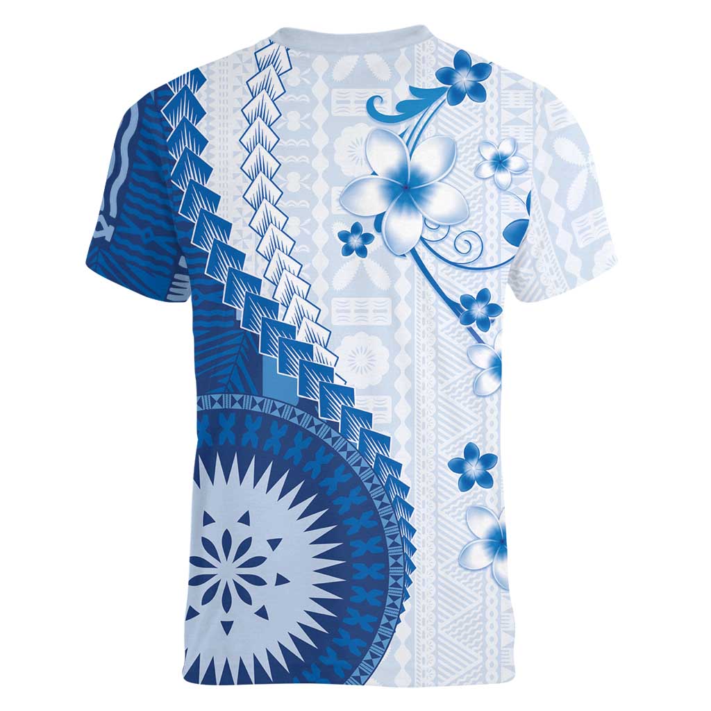 Bula Fiji Women V-Neck T-Shirt Blue Plumeria Masi Tapa Pattern - Polynesian Pride